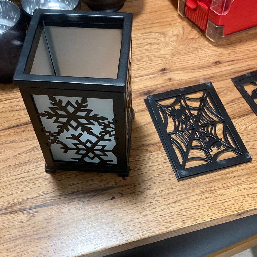 PartyLite Black Lantern with Snowflake and Spiderweb Panels